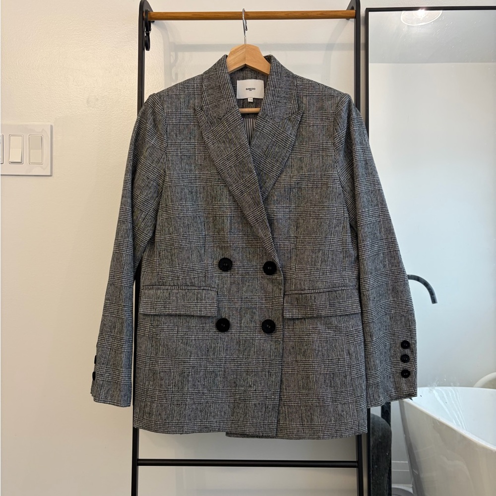 SUNCOO Grey Plaid Double-Breasted Blazer